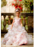 Beaded Neck Pink Printed Organza 3D Floral Romantic Flower Girl Dress